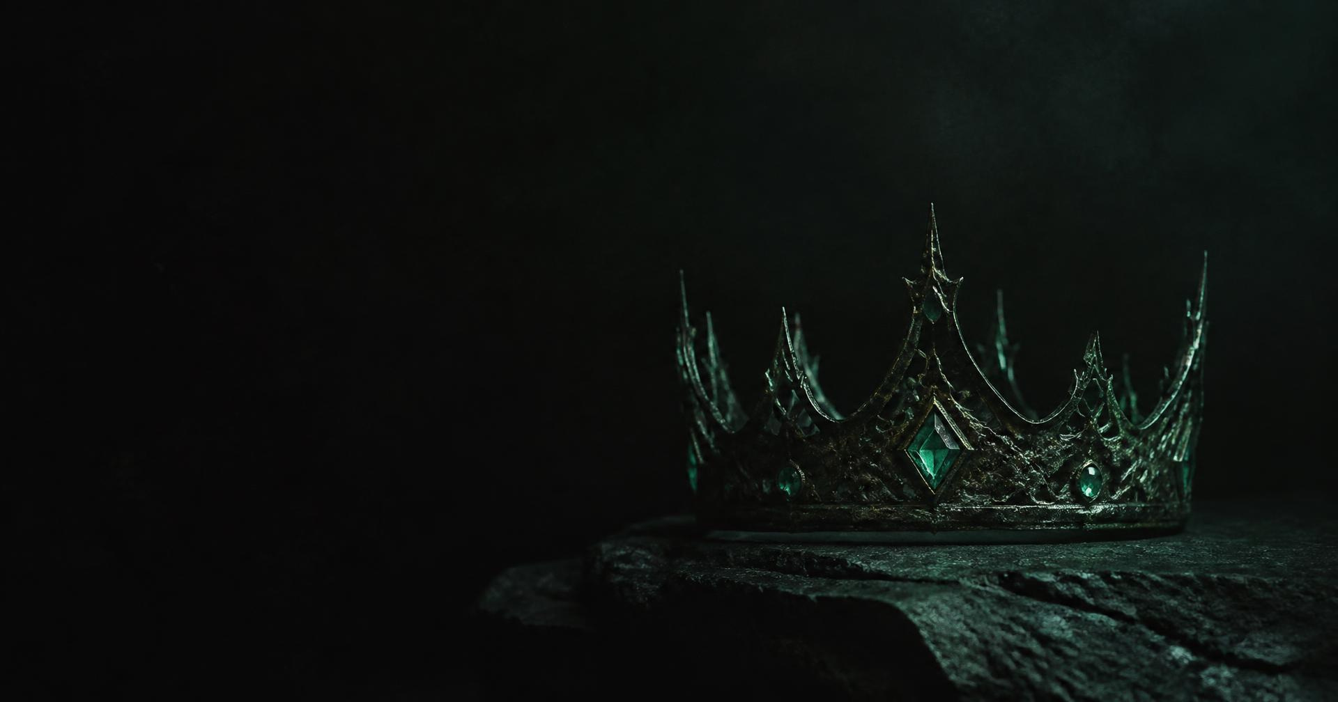 A tarnished crown resting on black stone