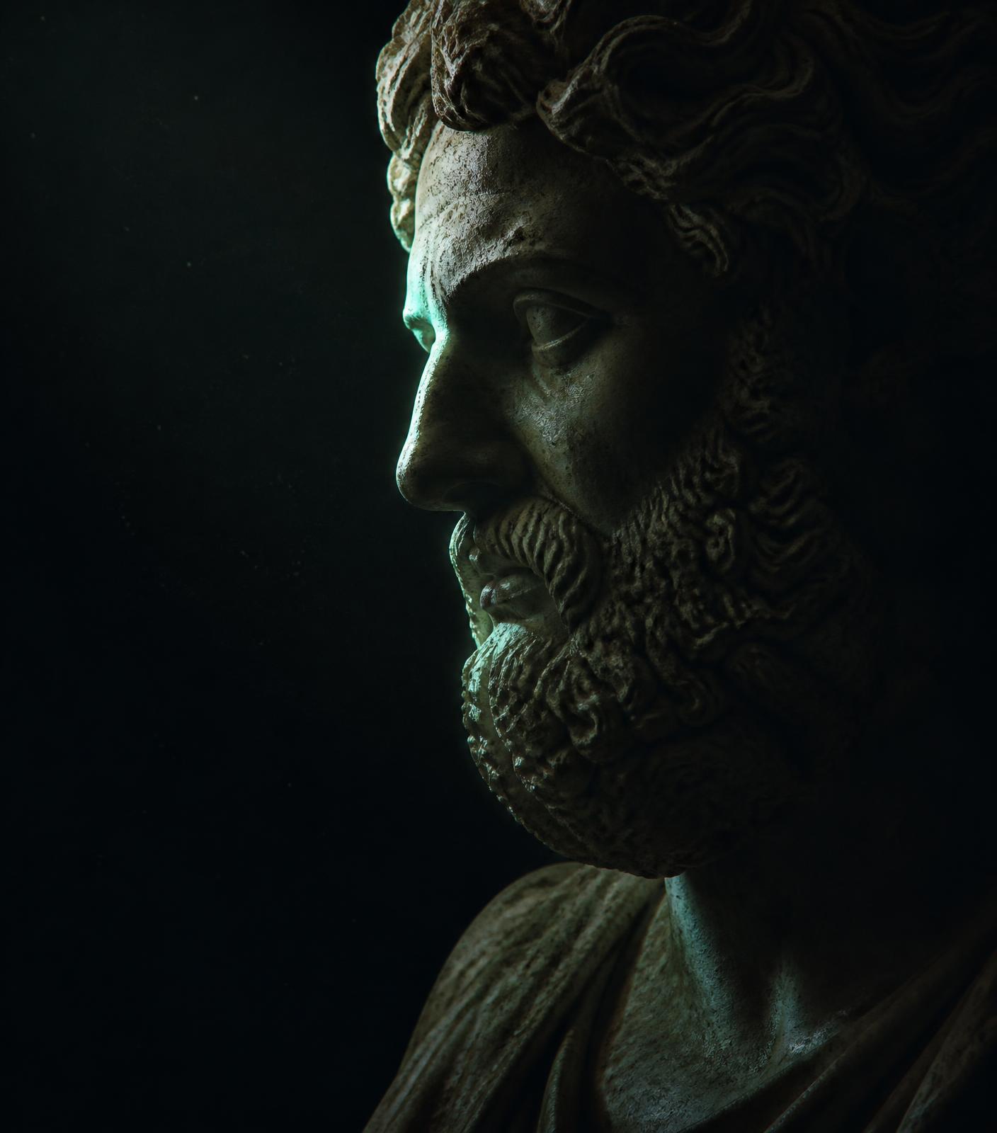 Ancient marble bust emerging from deep shadow